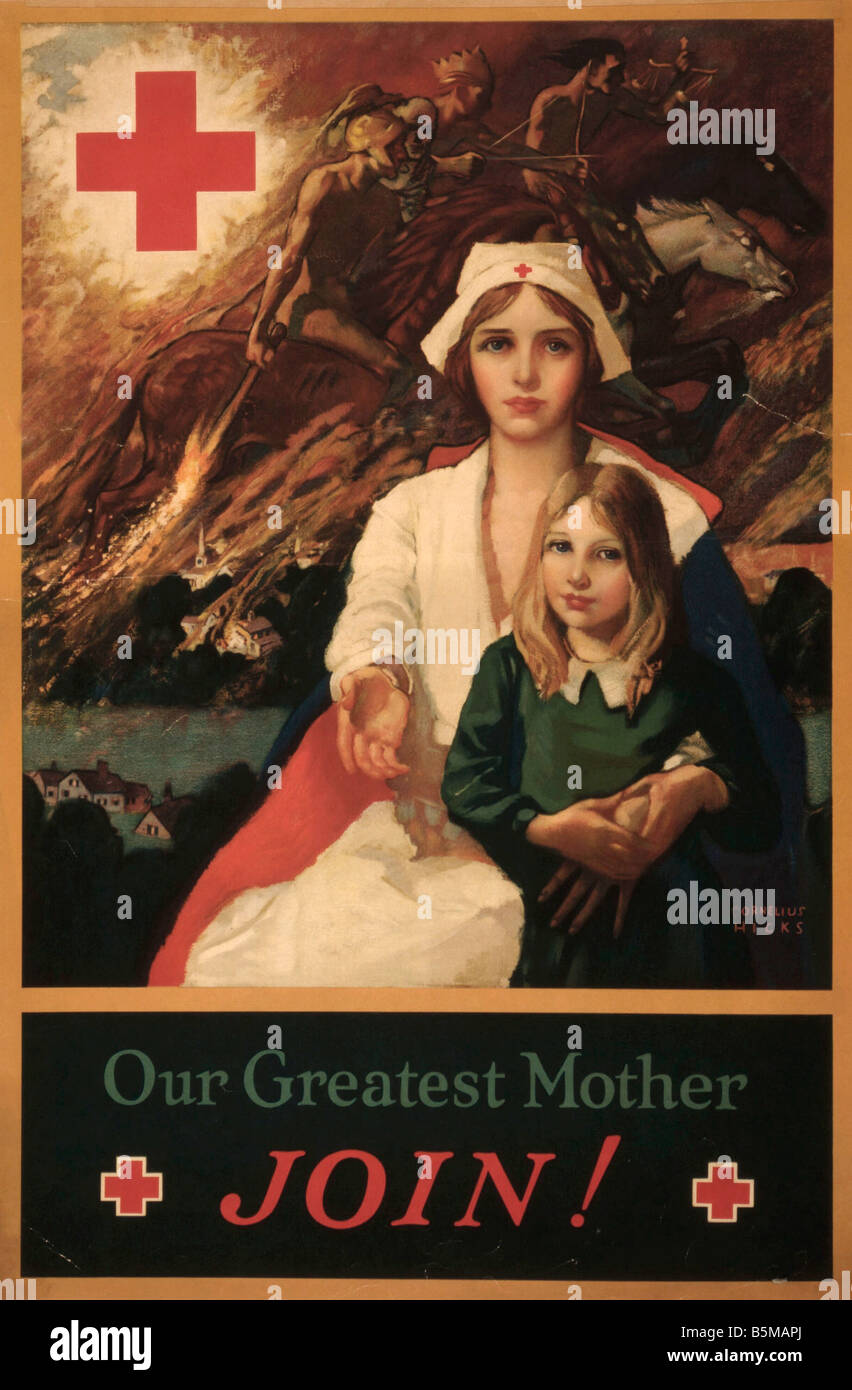 2 M20 R3 1917 2 Red Cross Recruiting USA Poster 1917 Medicine Red Cross Our Greatest Mother Join recruiting campaign of the Amer Stock Photo