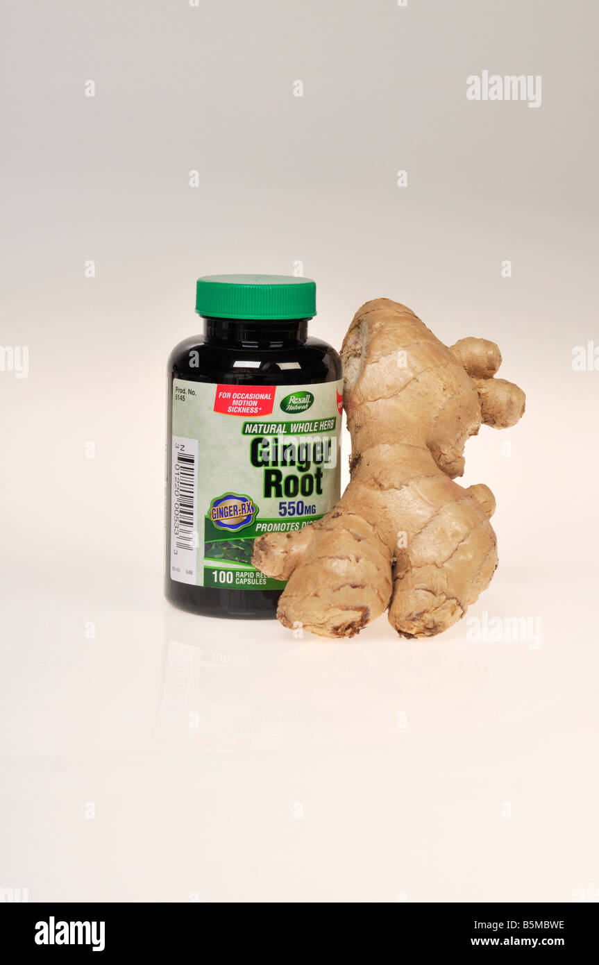 Ginger and Ginger Root vitamin pills bottle on white background cutout