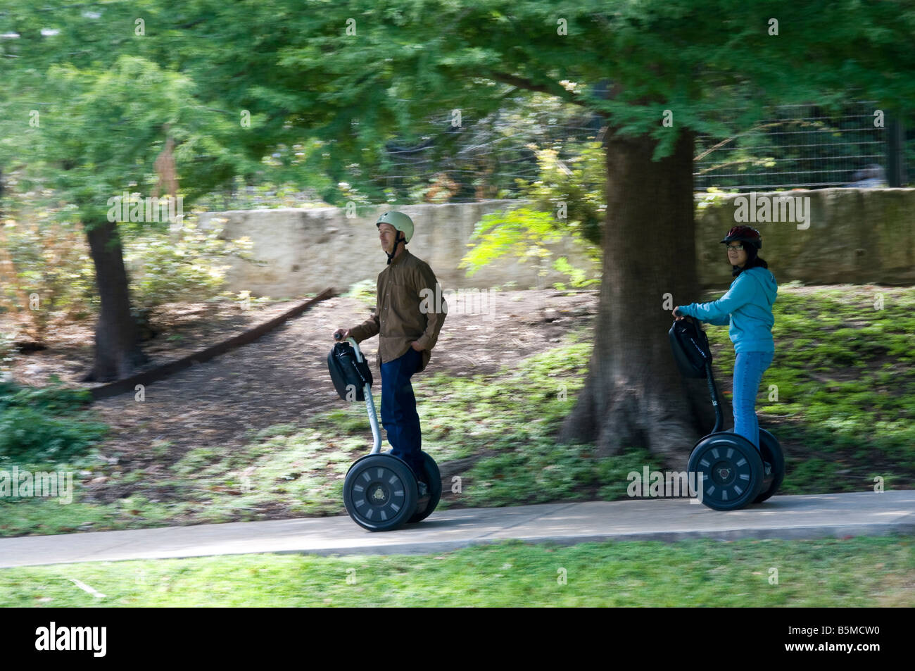 Segways on the River Walk trail, King William Historic District, San Antonio, Texas. Stock Photo