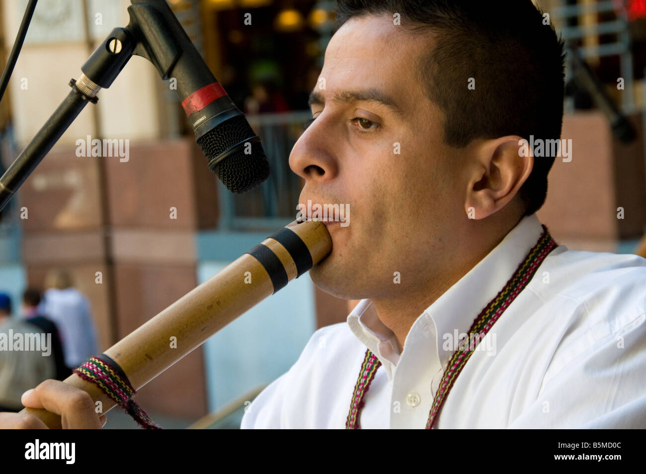 Member of Andean Fusion plays flute at Rivercenter Mall, San Antonio, Texas. Stock Photo
