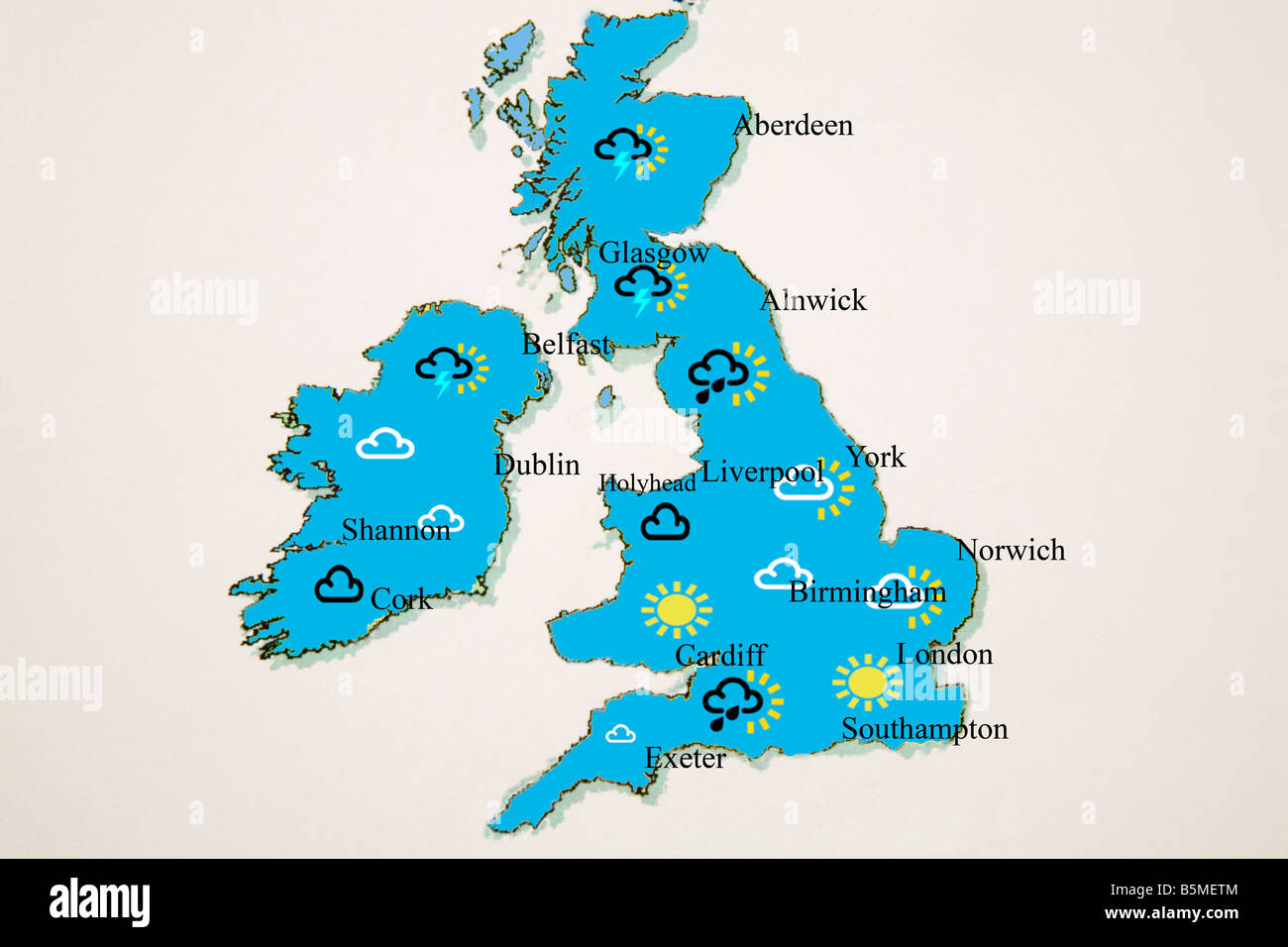 Studio UK weather map showing rain sun cloud and thunder storms in different areas Stock Photo