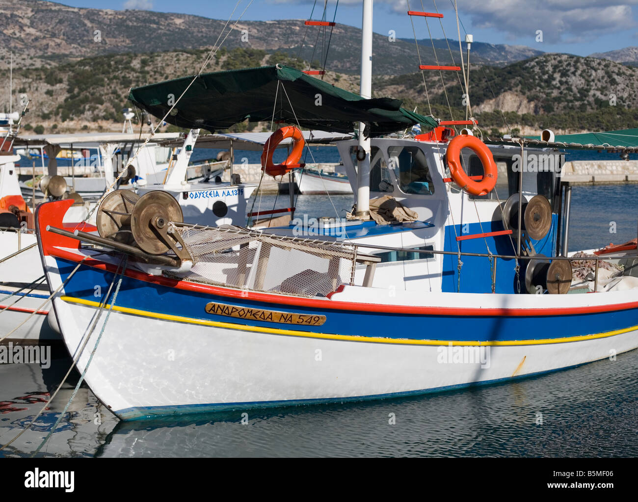 Fishing boats in small harbour Argostoli Kefalonia Greece Stock Photo