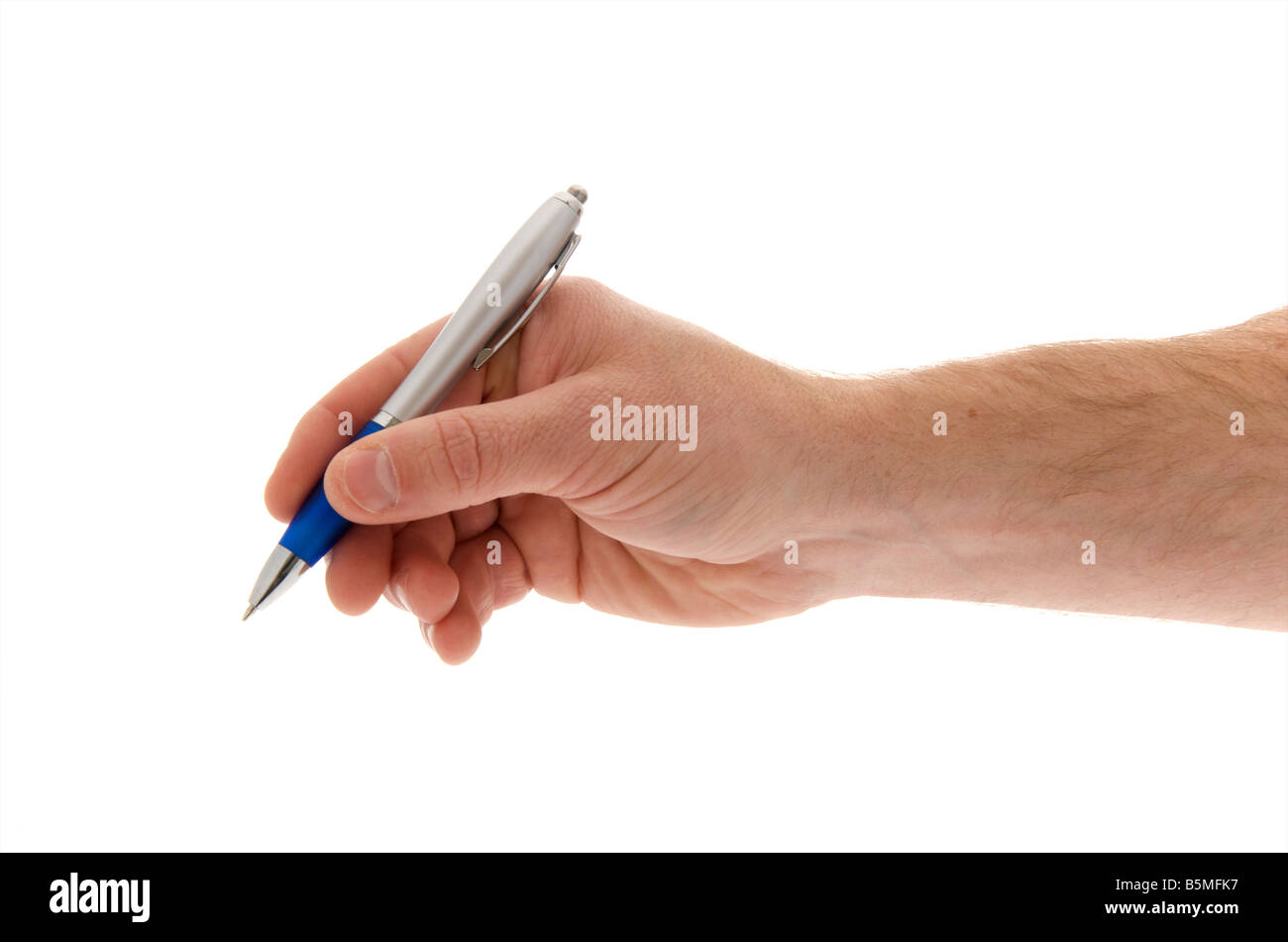 mans male right outstretched hand holding a pen against a white background Stock Photo