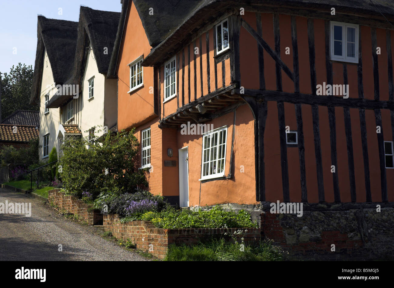 Very old houses in the historic suffolk village of Kersey Stock Photo