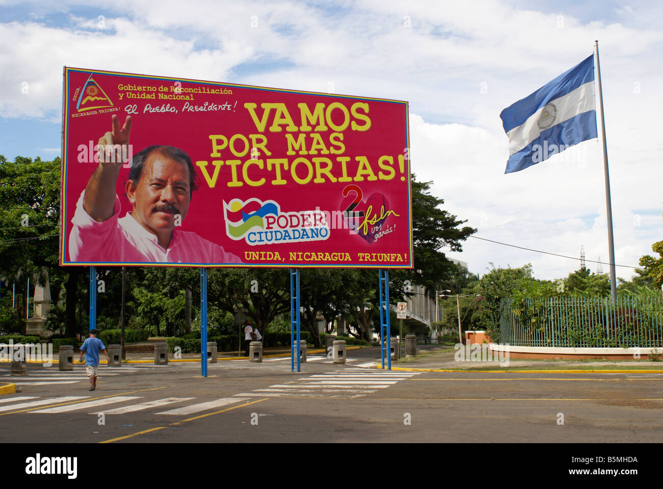 FSLN election billboard showing Sandinista leader Daniel Ortega in downtown Managua, Nicaragua Stock Photo