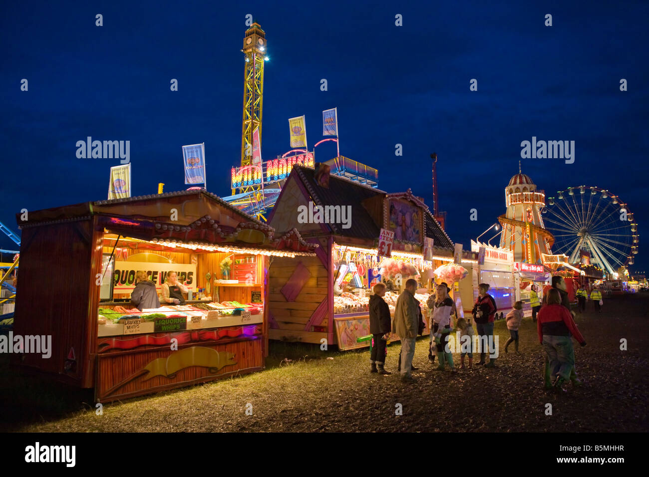 Food and prize stalls at a funfair (specifically 'The Hoppings' annual fair on Newcastle Town Moor) Stock Photo