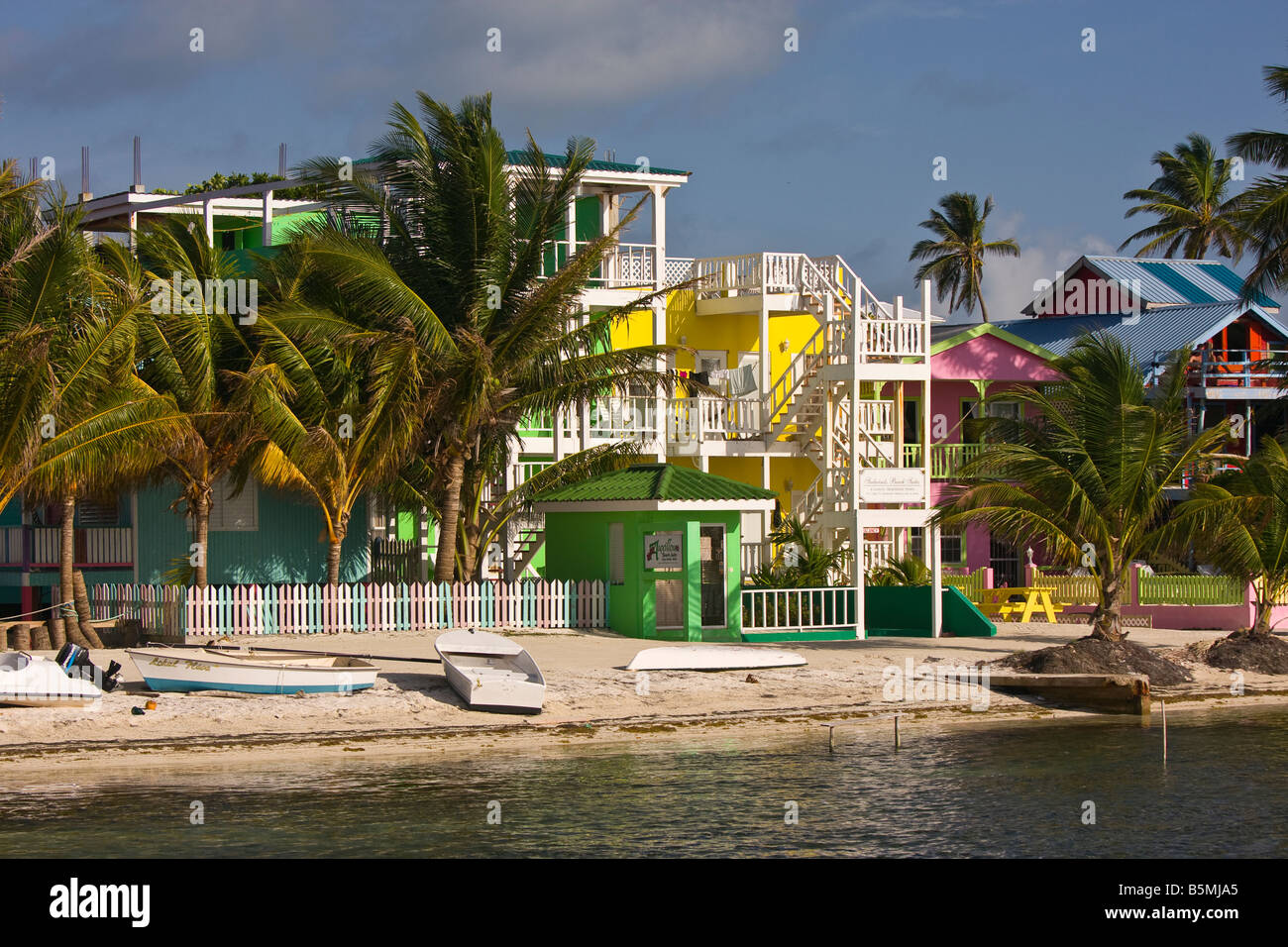 CAYE CAULKER BELIZE Hotels and palm trees on beach Stock Photo
