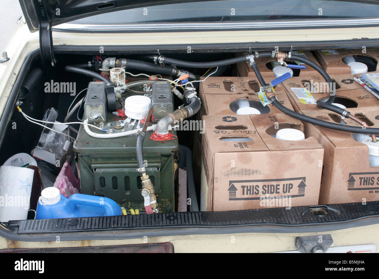 Fuel storage and system in automobile modified to operate on waste