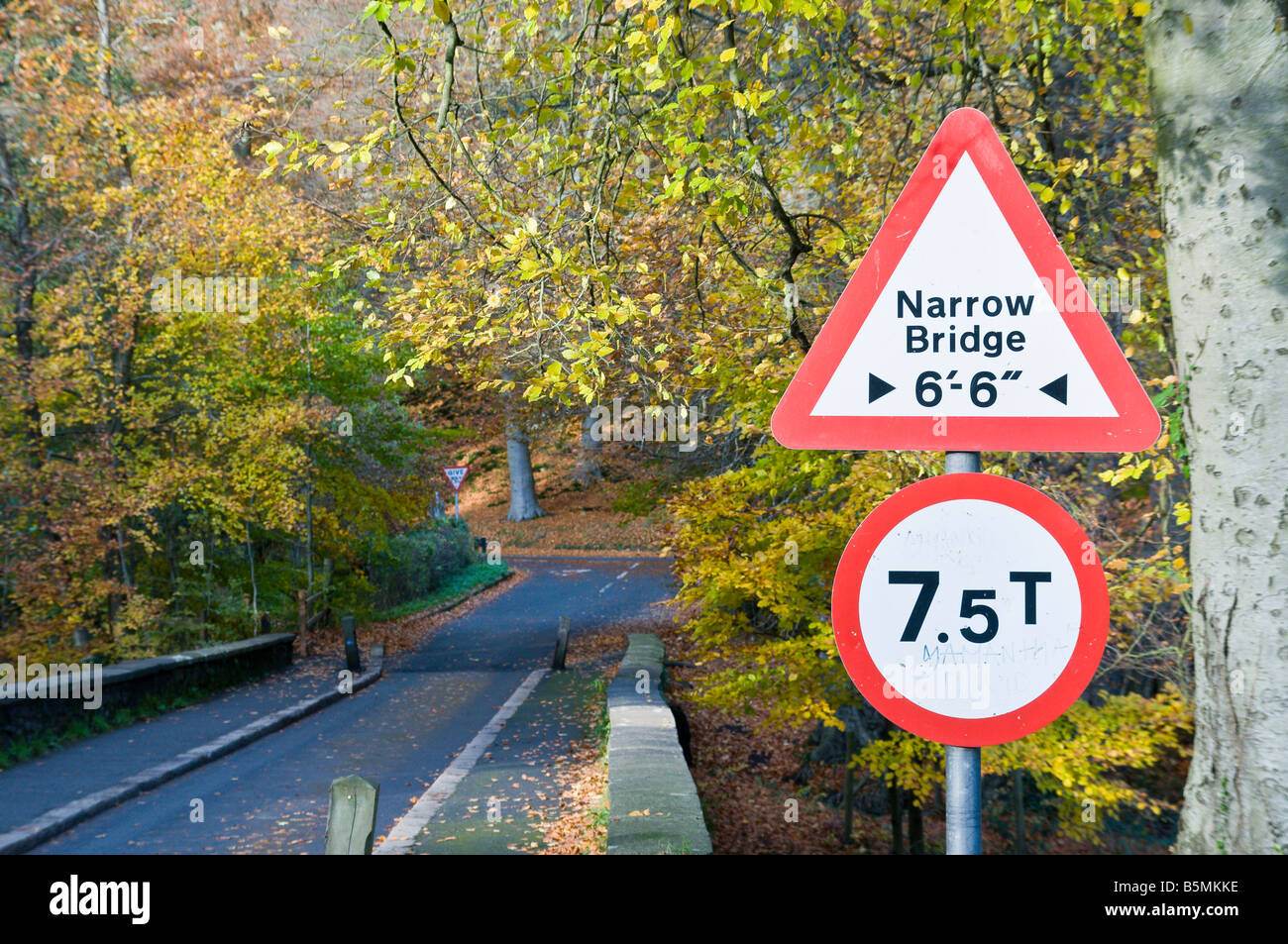 Narrow bridge road sign, with 7.5 ton/tonne limit.  Autumn colours Stock Photo