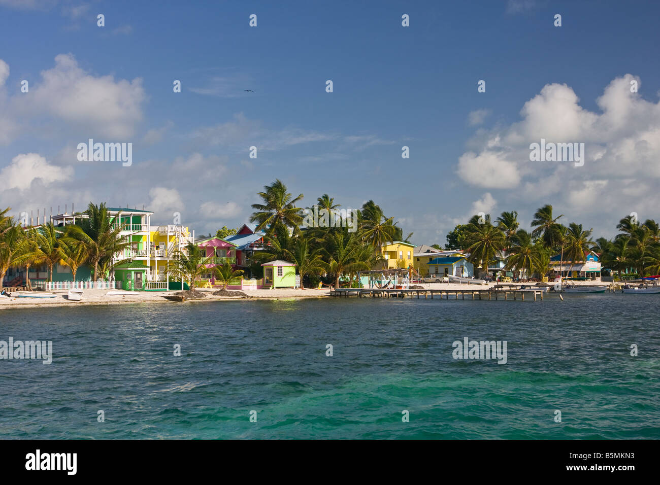 CAYE CAULKER BELIZE Waterfront showing hotels houses and palm trees Stock Photo
