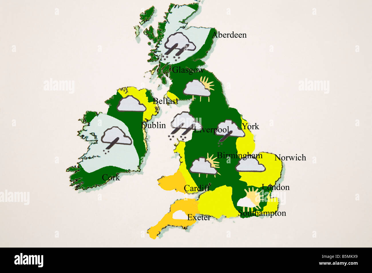 Studio UK weather map showing rain sun cloud in different areas Stock Photo