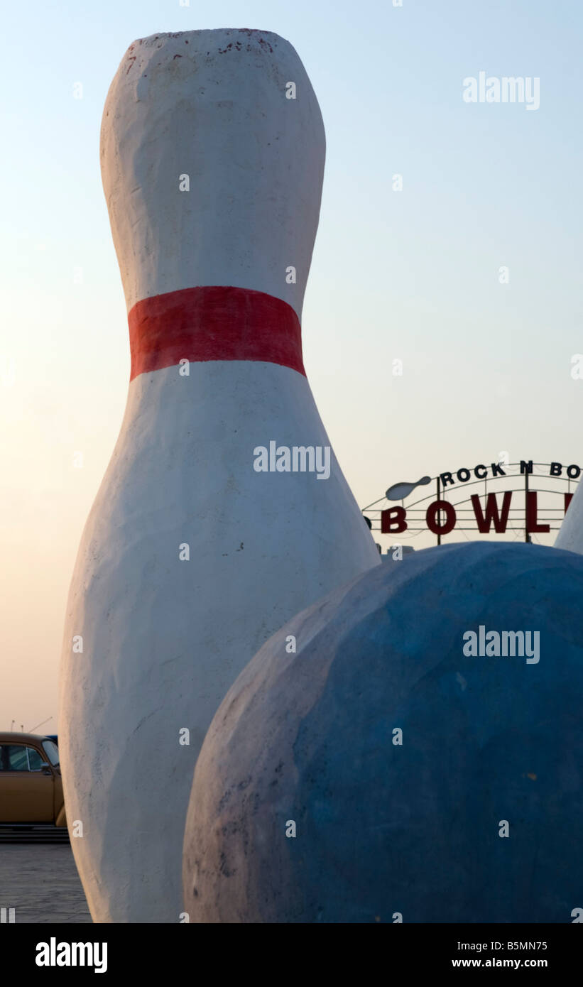 Big bowling construction with ball and pin in front of bowling center in Larnaca Cyprus Stock Photo