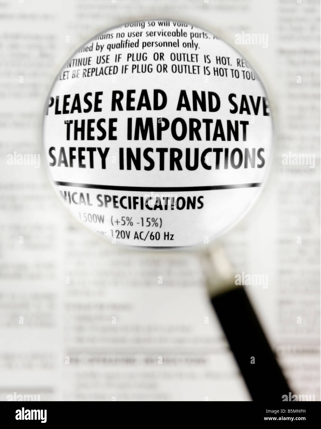 Warning label of a product insert that instructs the reader to read and save the safety instructions. Stock Photo