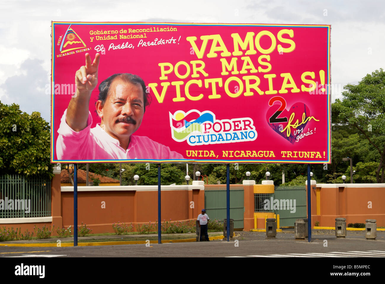 FSLN election billboard showing Sandinista leader Daniel Ortega in downtown Managua, Nicaragua Stock Photo