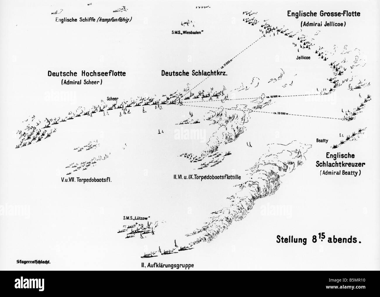 9 1916 5 31 F1 1 Sketch of Battle of Jutland 1916 World War 1 1914 18 Naval battle of Jutland Skagerrak 31 5 1 6 1916 Sketch of Stock Photo