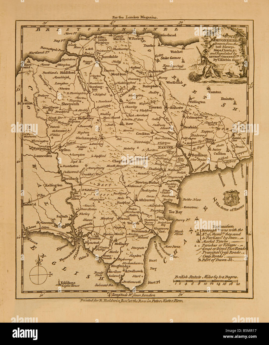 An old map of Devon County known then as Devonshire It was engraved in 1761 for the London Magazine Stock Photo
