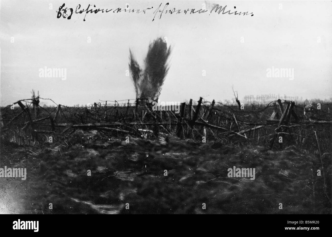 Explosion of a mine on an Eng grave World War 1 Western Front Explosion of a mine on an English grave Photo c 1917 Stock Photo