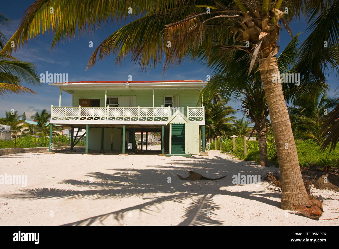 CAYE CAULKER BELIZE Wooden house on stilts on sand beach with palm trees Stock Photo