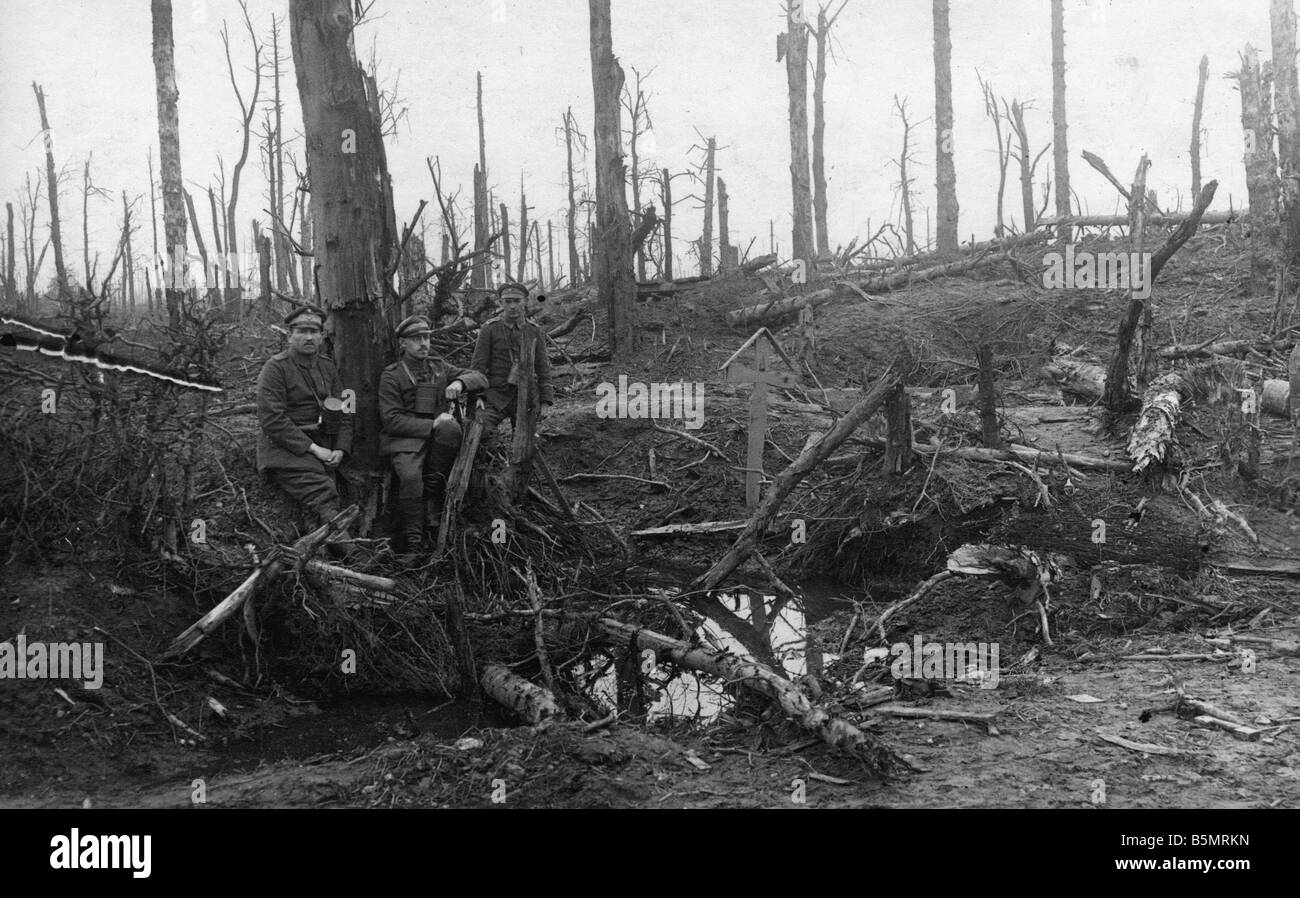 WW1 West Fr Photo 1918 World War 1 Western Front German major offensive March July 1918 Woodland after artillery fire Photo Stock Photo