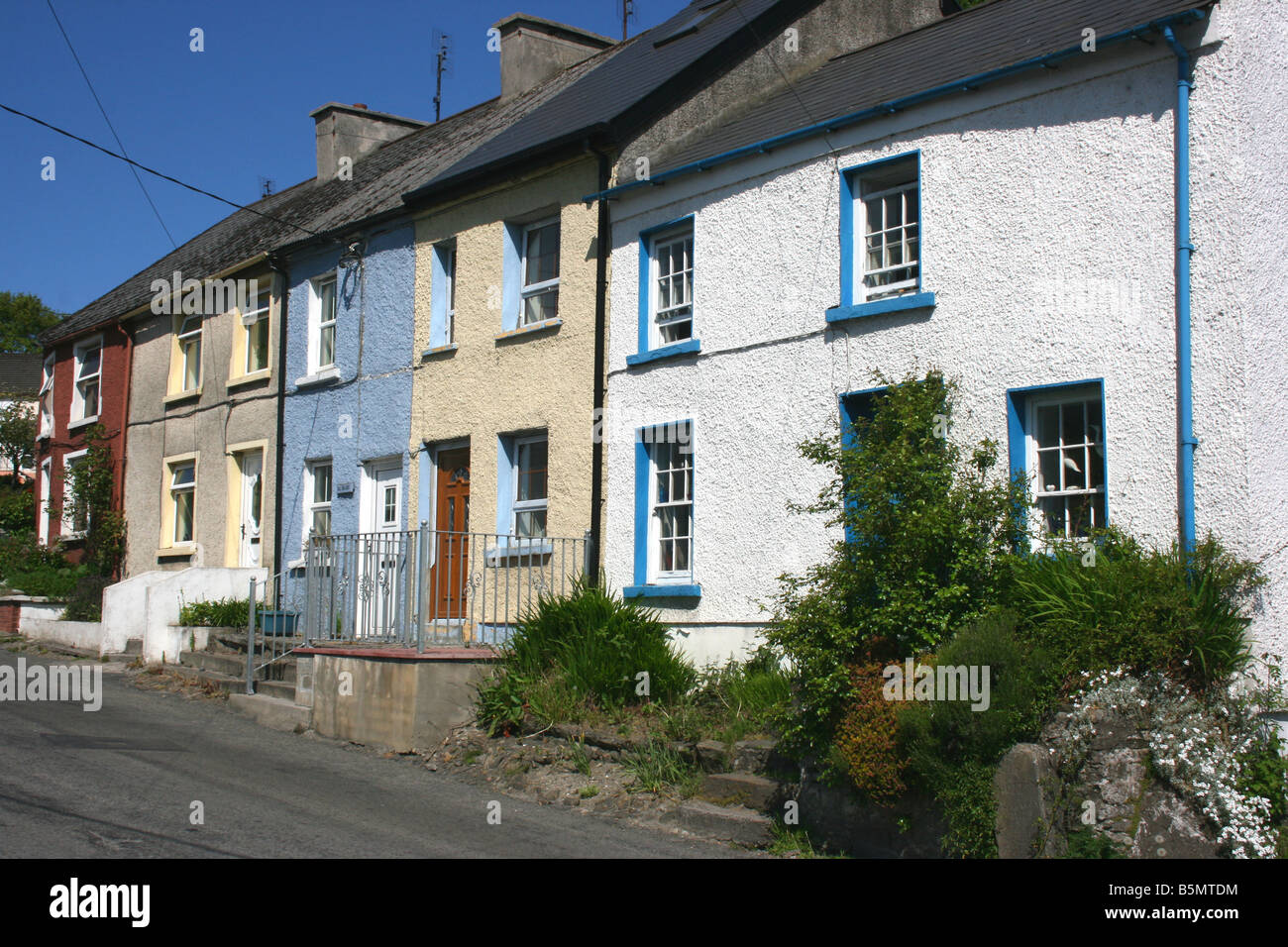 row of terraced houses on Milford Road in Ramelton, County Donegal