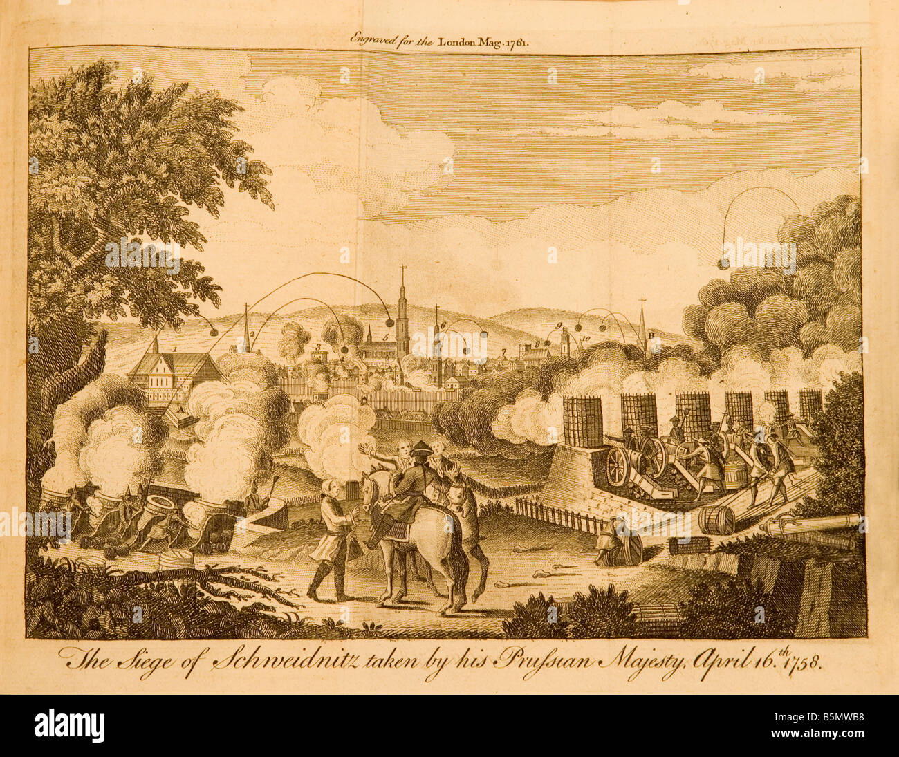 An engraving depicting the siege and Prussian capture of Schweidnitz Silesia Poland on April 16 1758 involving cannons Stock Photo