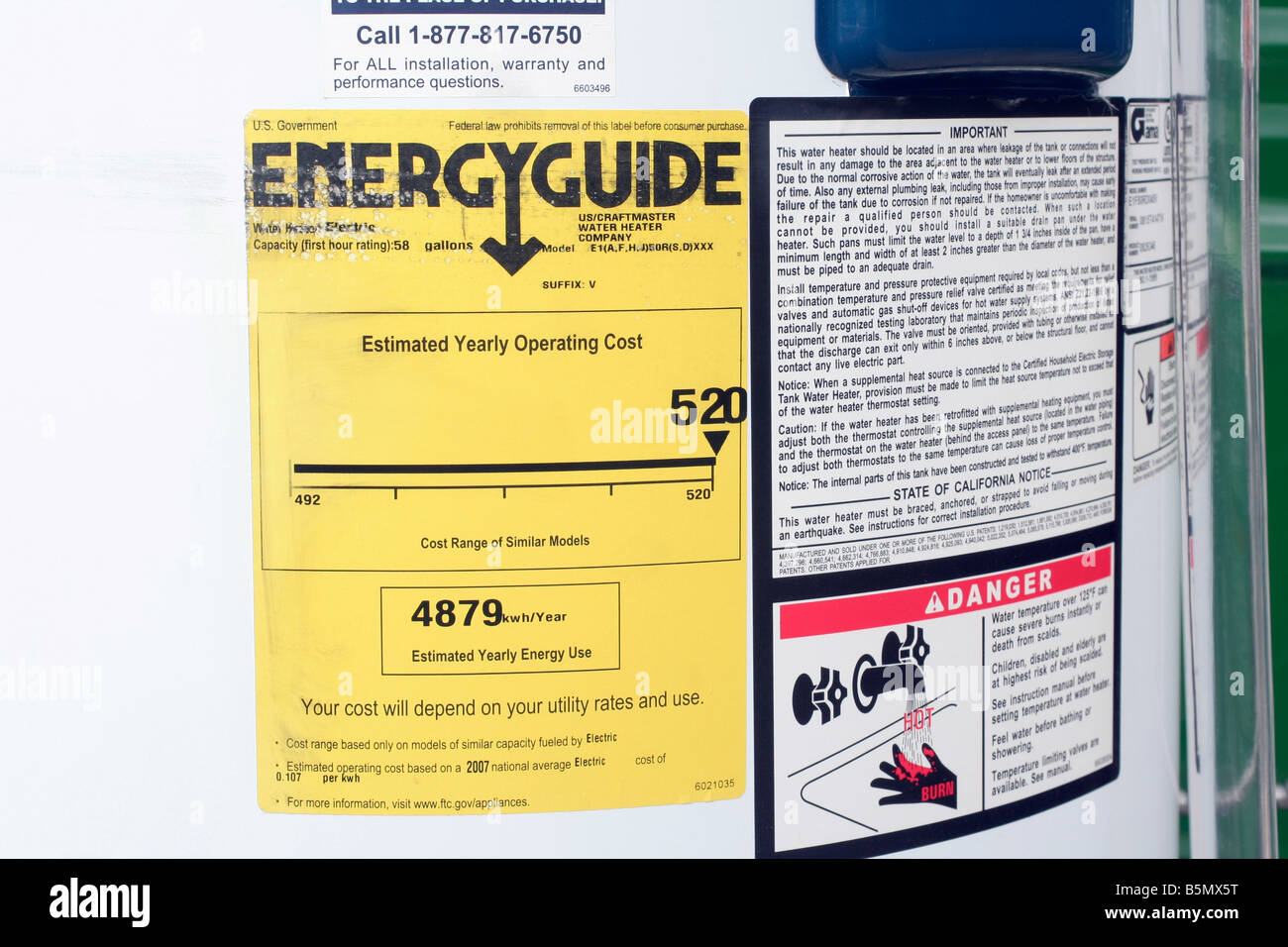 Energyguide label on hot water heater north american style Stock Photo