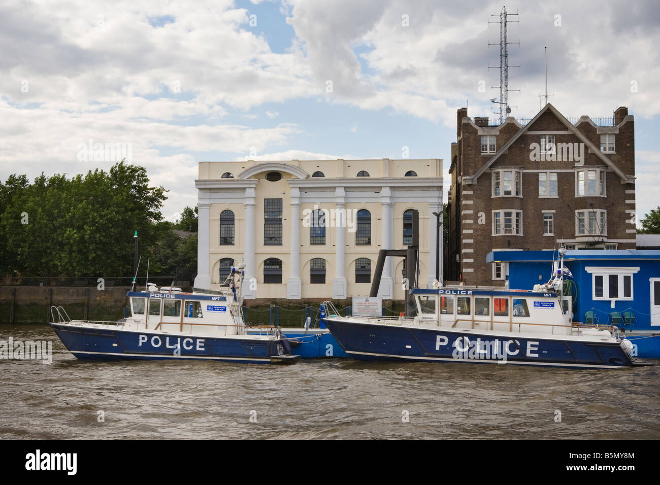 A pair of moored Thames River Police boats Stock Photo