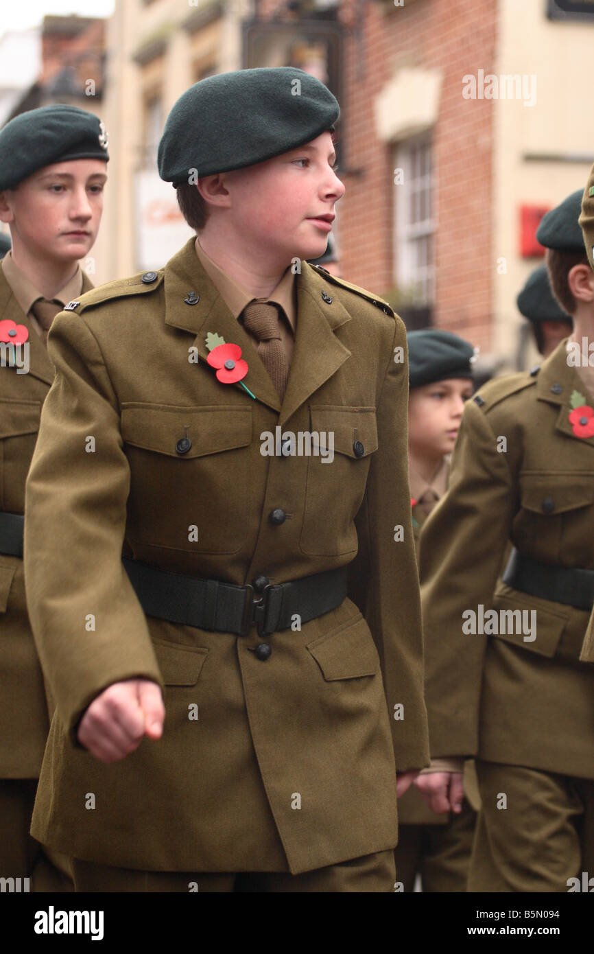 Army Cadet Force teenage cadet soldier marching during a Remembrance Sunday poppy day parade Stock Photo