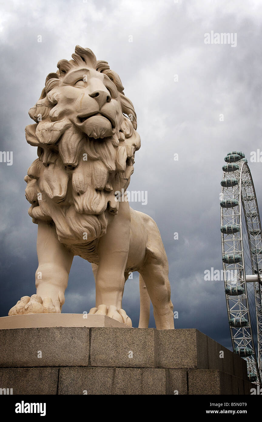 South Bank Lion on Westminster Bridge with the London Eye in the ...