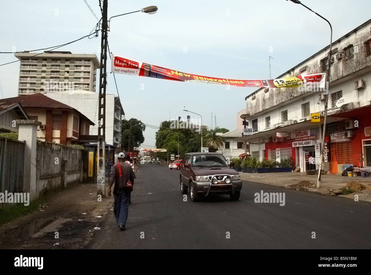 Street scene with advertising banner Bonanjo district Douala Cameroon West Africa Stock Photo