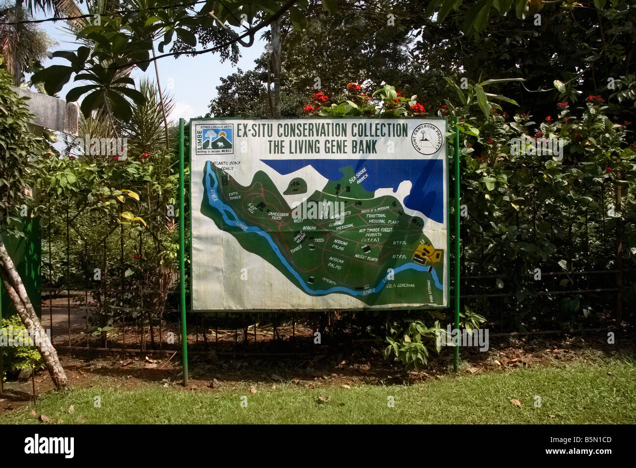 Information Map of Botanic Garden at Limbé Cameroon West Africa showing different areas and plants Stock Photo