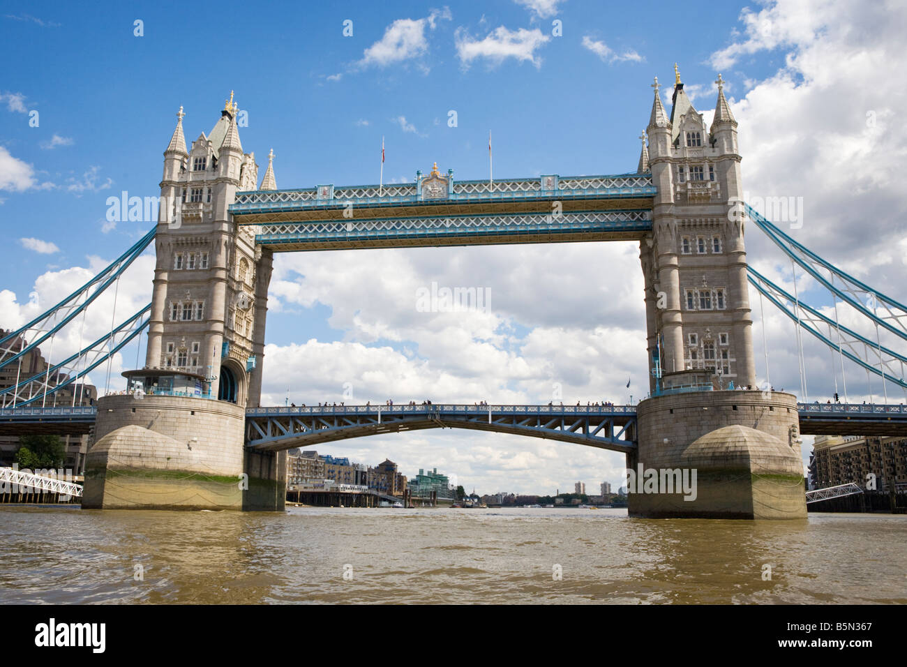 Tower Bridge as seen from a boat on a cruise down the middle of The River Thames Stock Photo