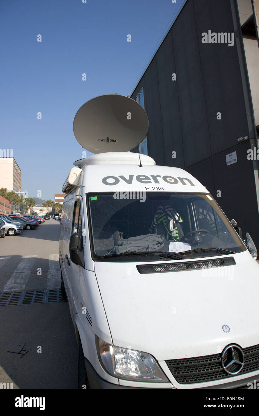 TV van with satellite dish at the Nou Camp, Barcelona Catalonia Spain reporting on the upcoming match Stock Photo