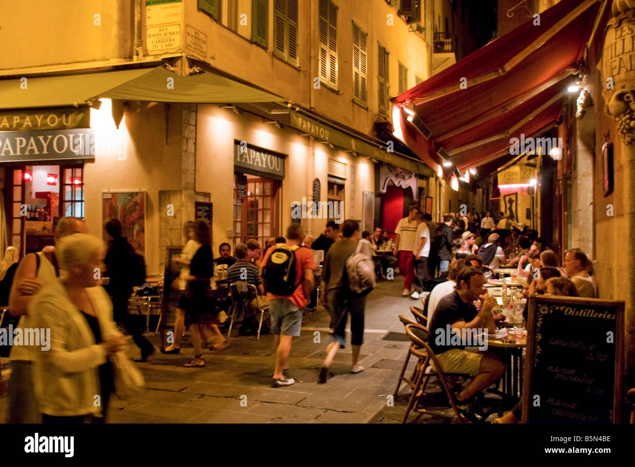 France French Reviera Nice Old city Center Restaurants bars at night Stock Photo