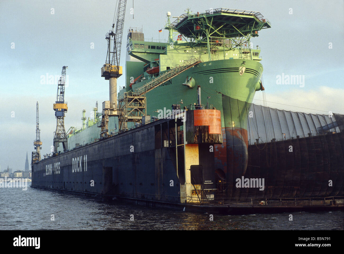 Off-Shore Explorer 'Berge Hugin' in the Shipyard Blohm + Voss, Hamburg, Germany. Stock Photo