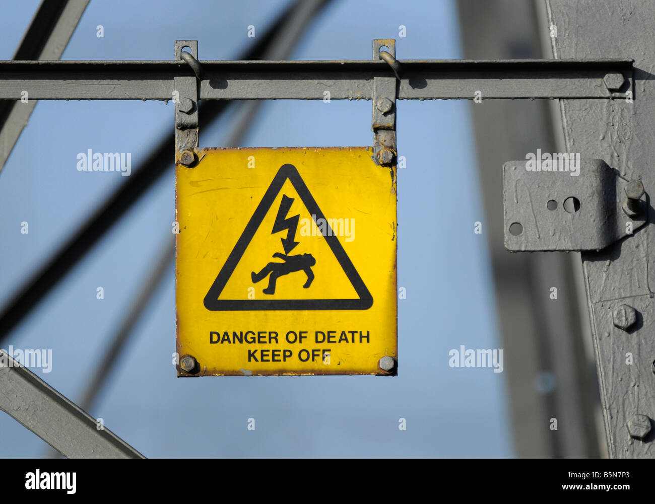 Danger of Death sign on an Electricity pylon Rainham Marshes 12 11 08 Credit Garry Bowden Stock Photo