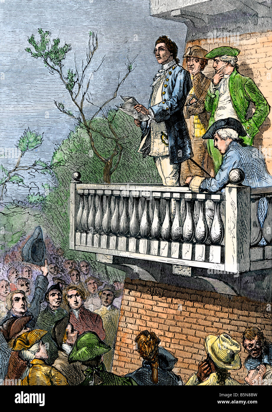 John Nixon reading the Declaration of Independence in Philadelphia July 8 1776. Hand-colored woodcut Stock Photo
