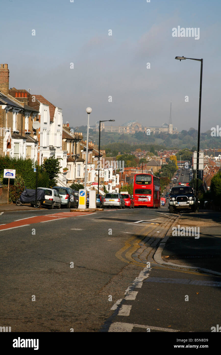 View along Ferme Park Road over Hornsey Vale towards Alexanda Palace, London Stock Photo