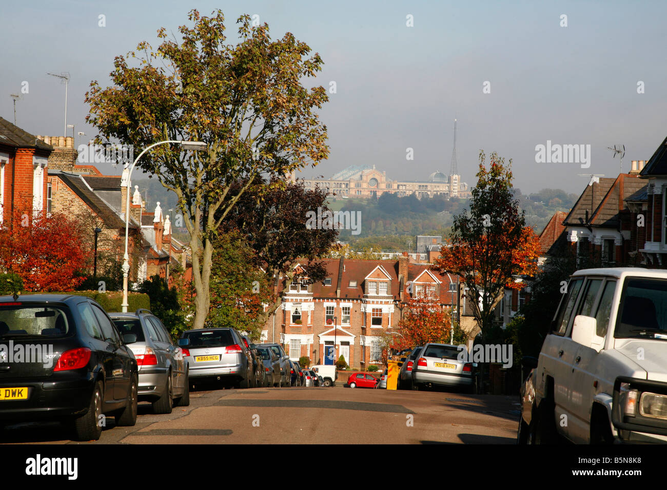 View along Elm Road over Hornsey Vale towards Alexanda Palace, London Stock Photo
