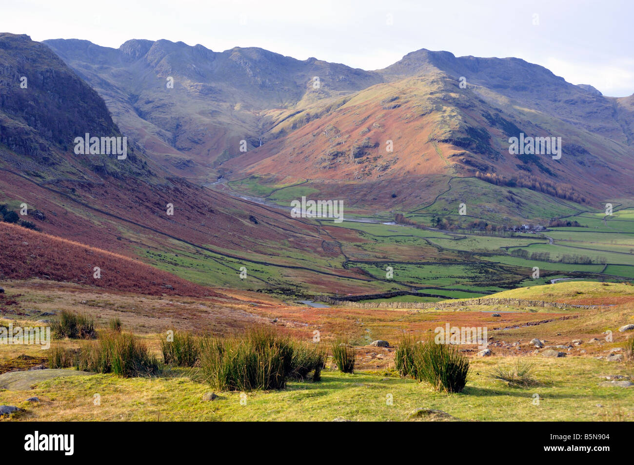 Crinkle Crags and Bowfell. Great Langdale, Lake District National Park, Cumbria, England, United Kingdom, Europe. Stock Photo