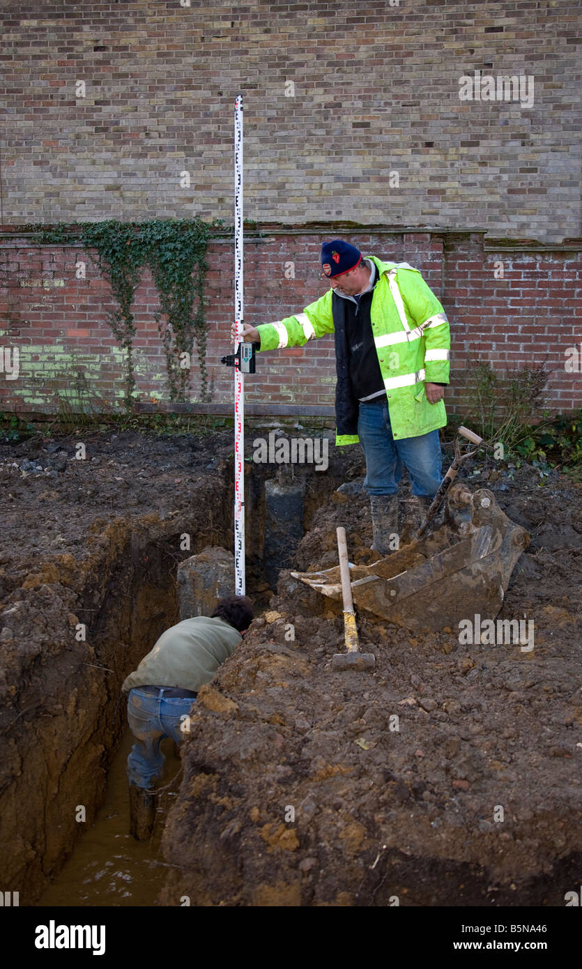 Checking the depth and level of footings that have been dug. Stock Photo
