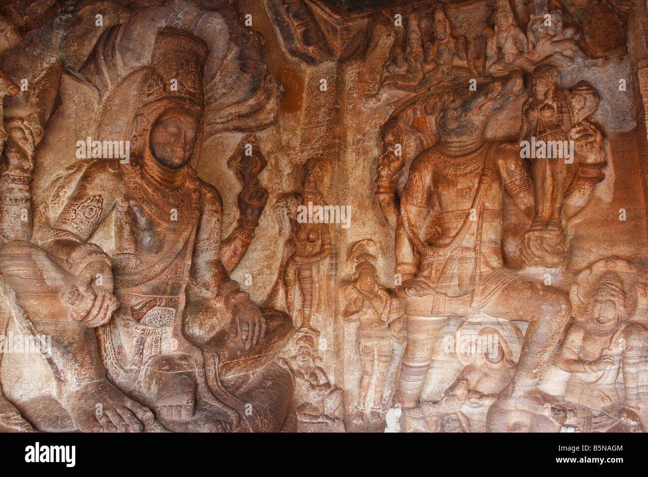 Decorations at the pillars and of a hindu temple dedicated to Shiva at the ancient site of Badami Stock Photo