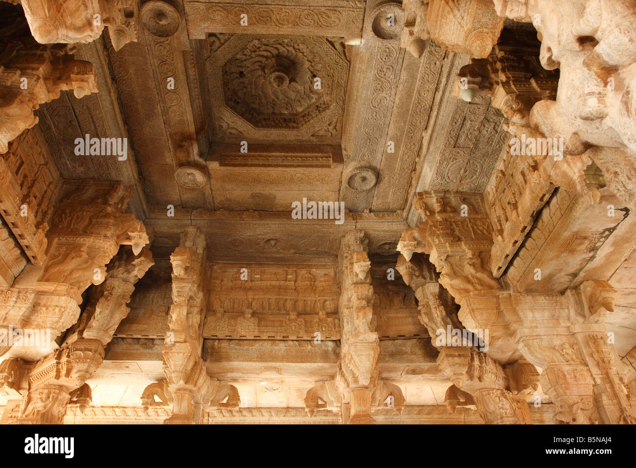 Decorations at the pillars and ceiling of a hindu temple dedicated to ...