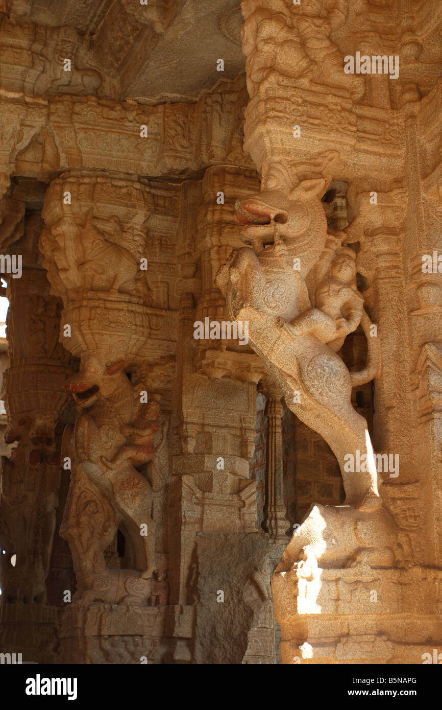 Decorations at the pillars and celling of a hindu temple dedicated to Shiva at temple of Vitthala Vijayanagar Hampi Karnataka Stock Photo