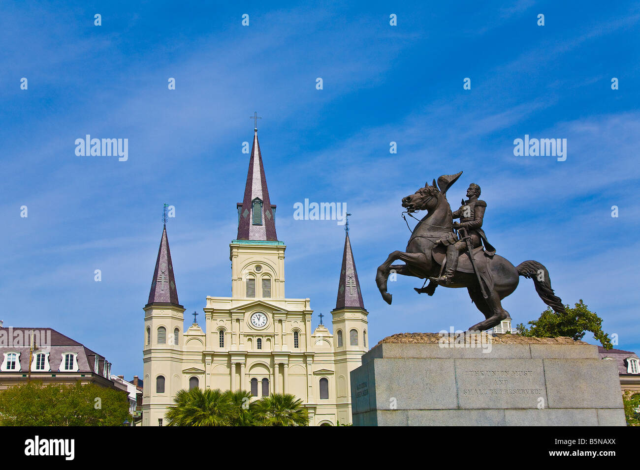 St. Louis Catherdral on Jackson Square New Orleans Louisiana USA with stature of Andrew Jackson Stock Photo