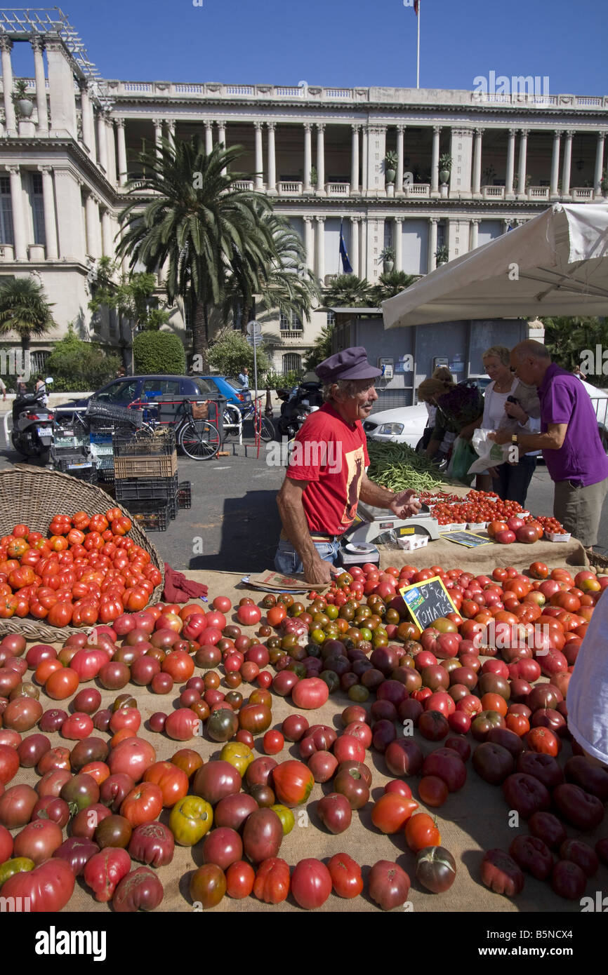 France Nice Cours de Saleya market stall with bio tomatoes Stock Photo