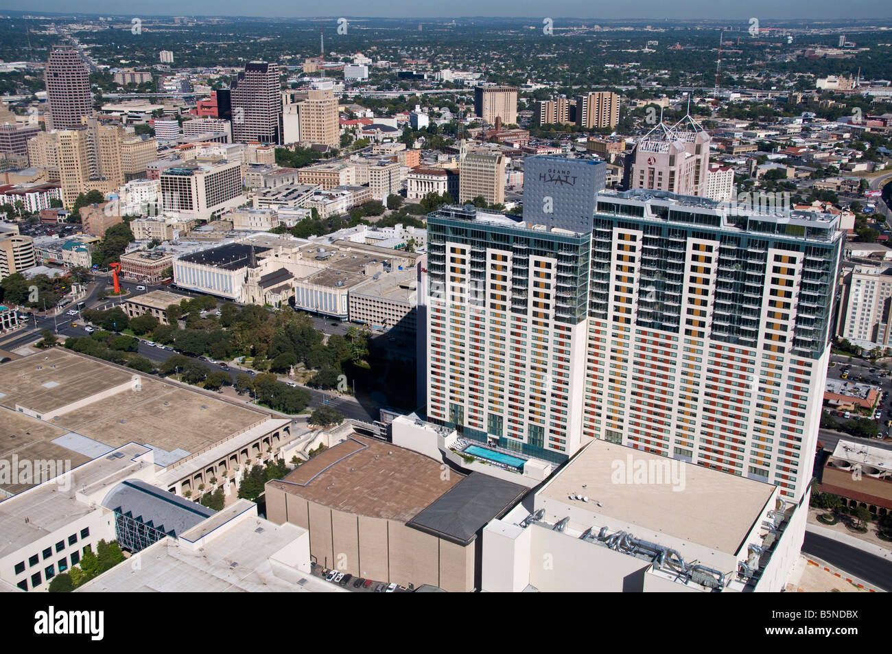 Looking down on city from Tower of the Americas, San Antonio, Texas. Stock Photo