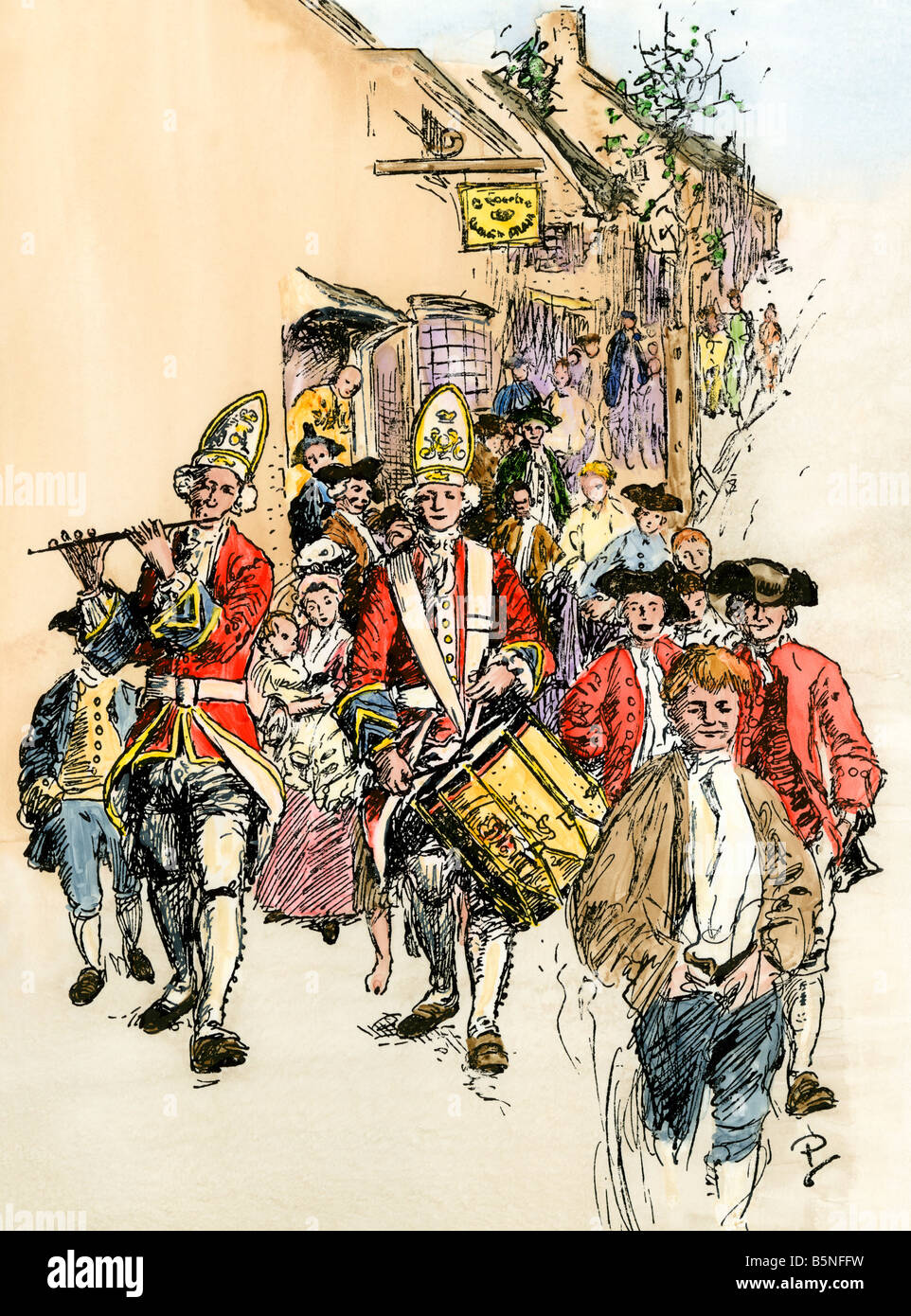 British redcoats in an American colonial city before the Revolutionary War. Hand-colored woodcut of a Howard Pyle illustration Stock Photo