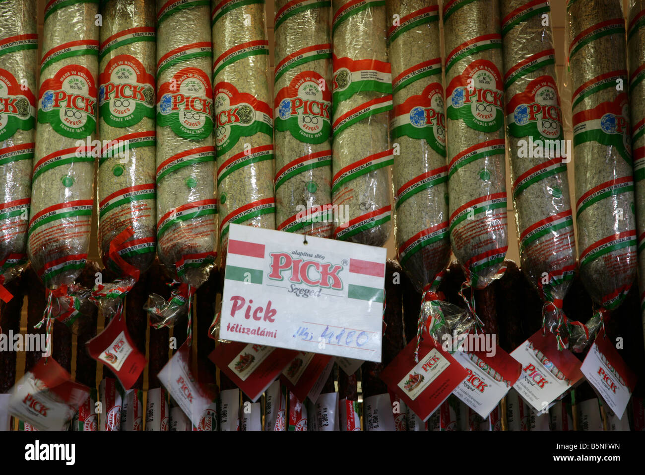 Pick salami on sale in Budapest s main market Stock Photo Alamy