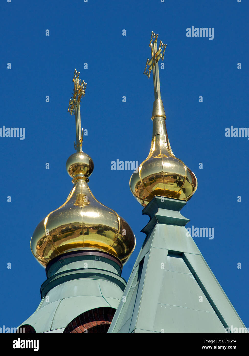 Golden onion domes Uspenski Orthodox Cathedral Helsinki Finland Stock Photo